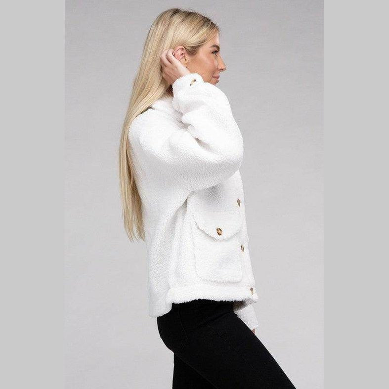 Ambiance Apparel Button-Front Sherpa Coat in White with side view showcasing its soft texture and pockets