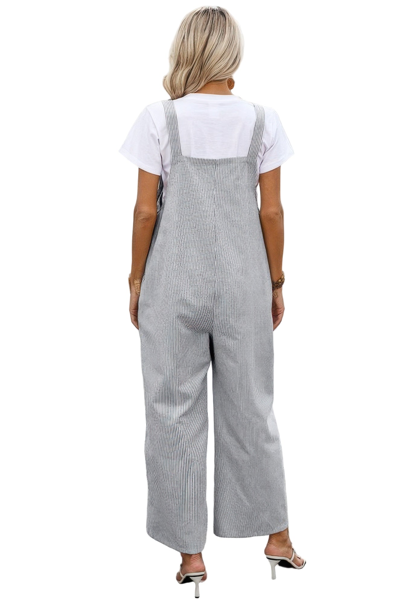 Back view of a stylish gray striped button trim casual jumpsuit for women, perfect for relaxed outings.