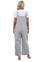 Back view of a stylish gray striped button trim casual jumpsuit for women, perfect for relaxed outings.