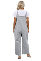 Back view of a stylish gray striped button trim casual jumpsuit for women, perfect for relaxed outings.