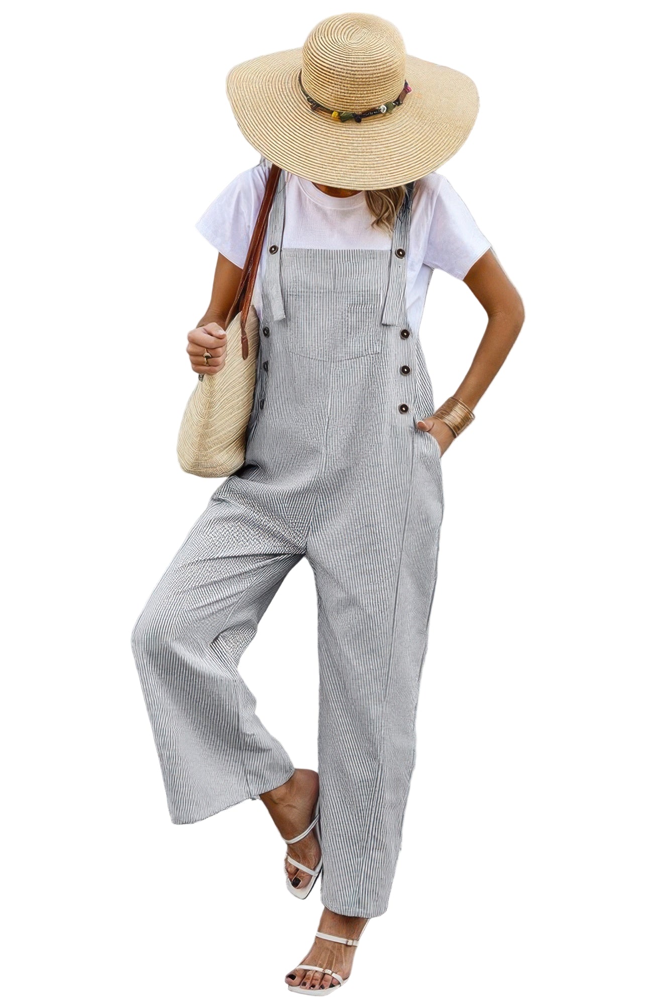 Stylish women's button trim casual jumpsuit in gray with wide legs and oversized hat for summer outings