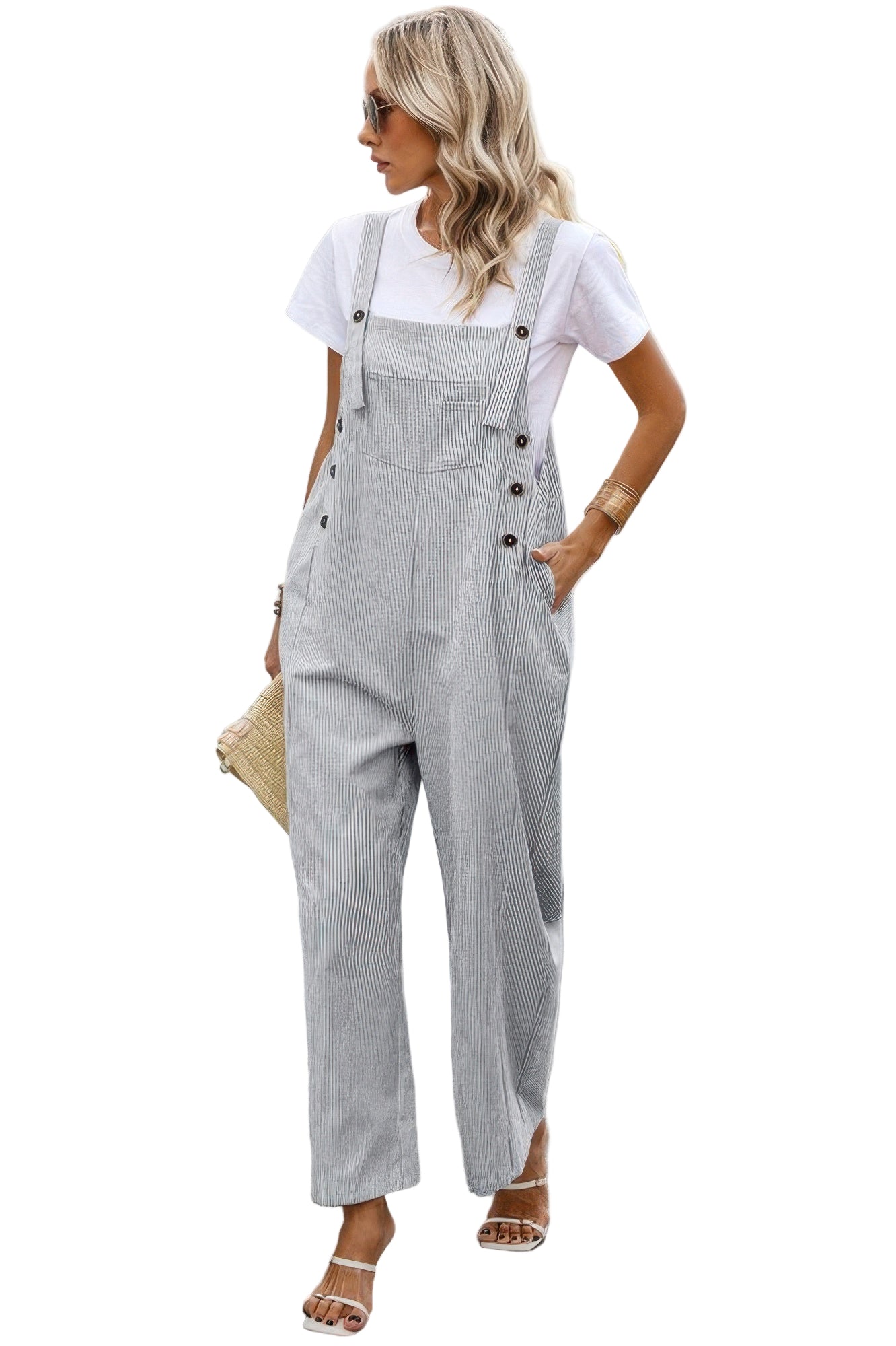 Stylish women's button trim casual jumpsuit with a relaxed fit and side pockets, paired with a white t-shirt