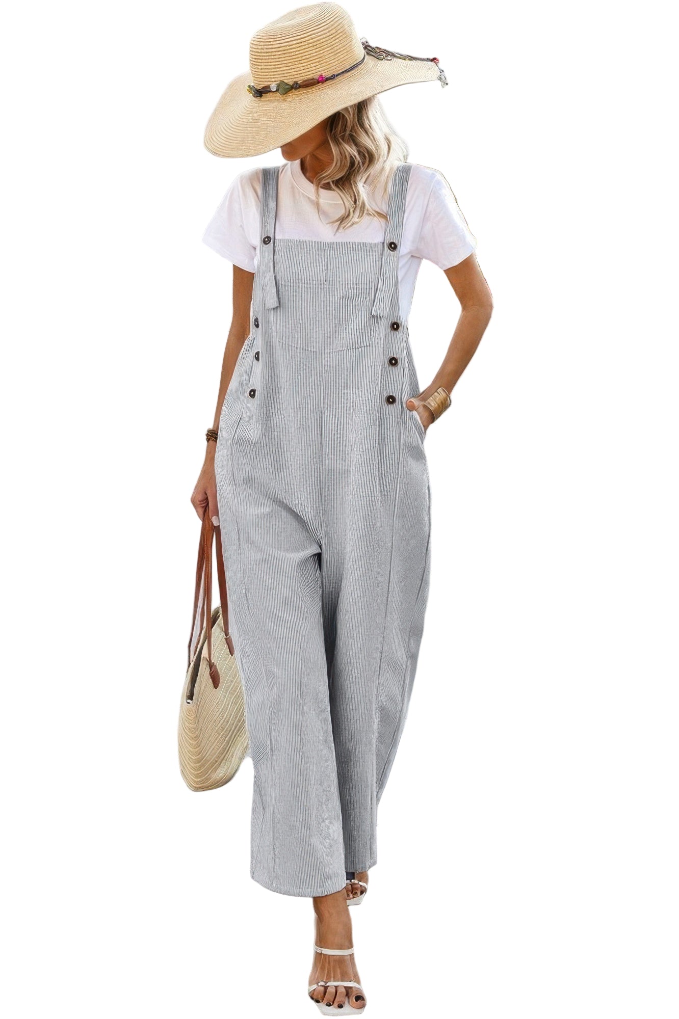 Light gray button trim casual jumpsuit with adjustable straps and wide legs for a relaxed summer look