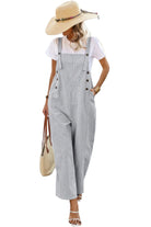 Light gray button trim casual jumpsuit with adjustable straps and wide legs for a relaxed summer look