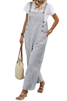 Stylish button trim casual jumpsuit in gray stripes paired with a white tee for a trendy look