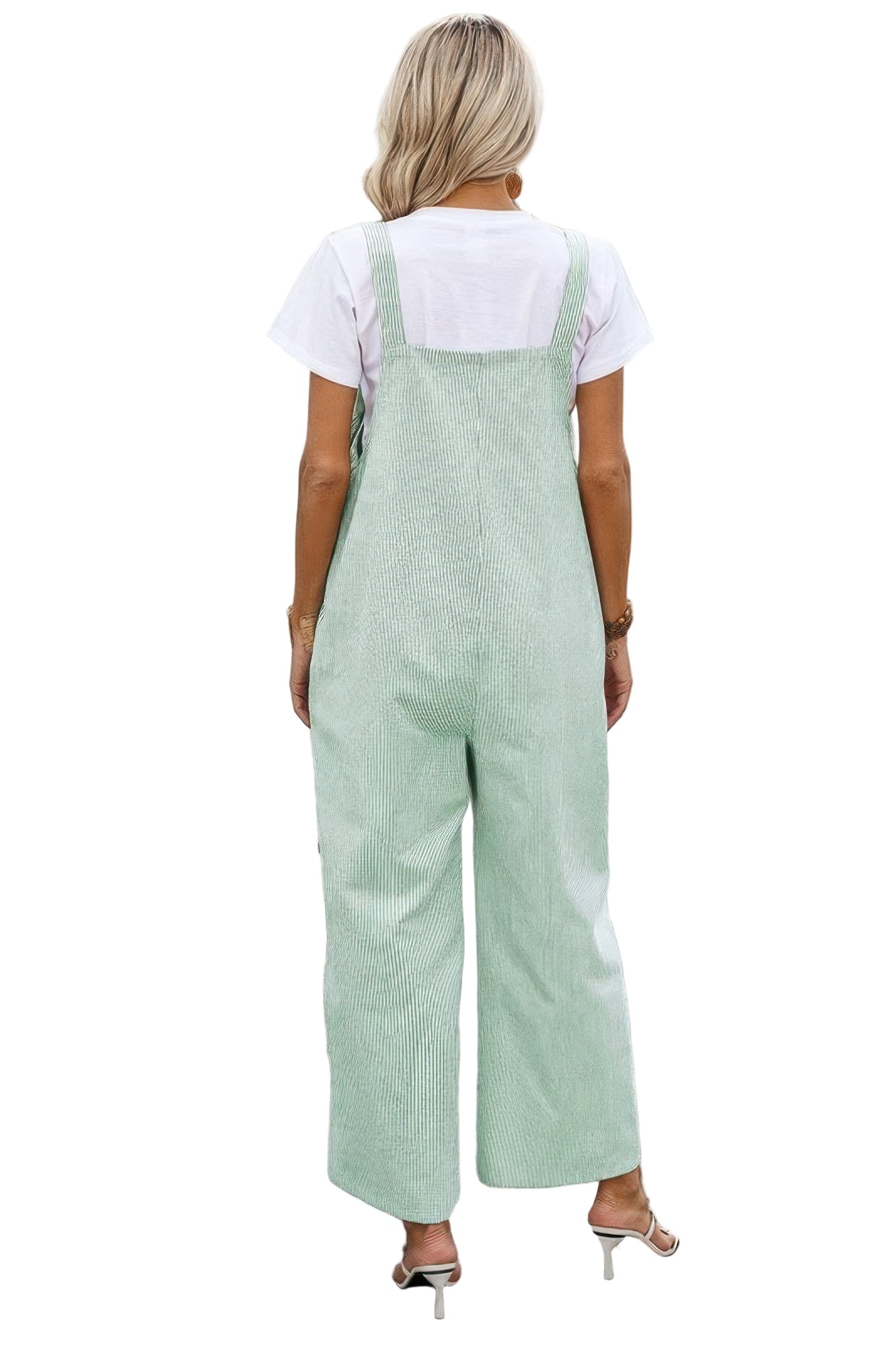 Back view of a mint green button trim casual jumpsuit from VacationGrabs, perfect for relaxed outings
