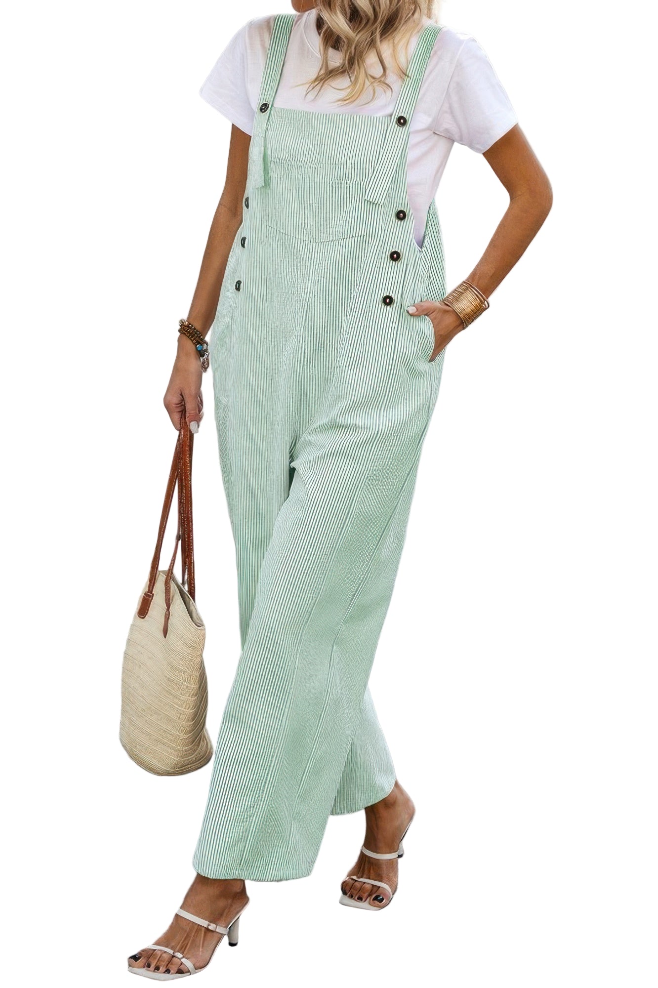VacationGrabs button trim casual jumpsuit in mint green with wide legs and stylish pockets