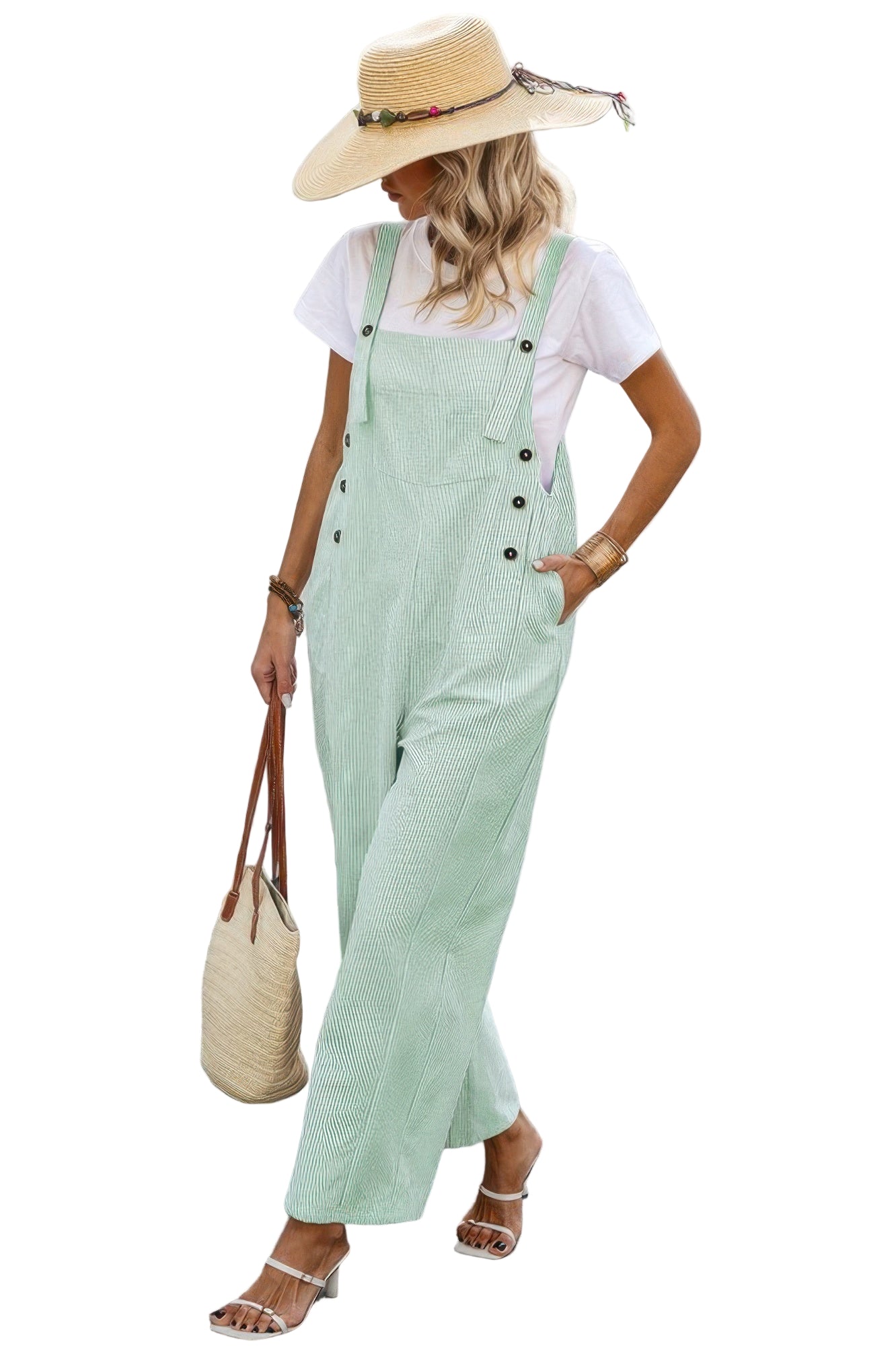 Mint Green Button Trim Casual Jumpsuit with Pockets for a Relaxed Summer Look