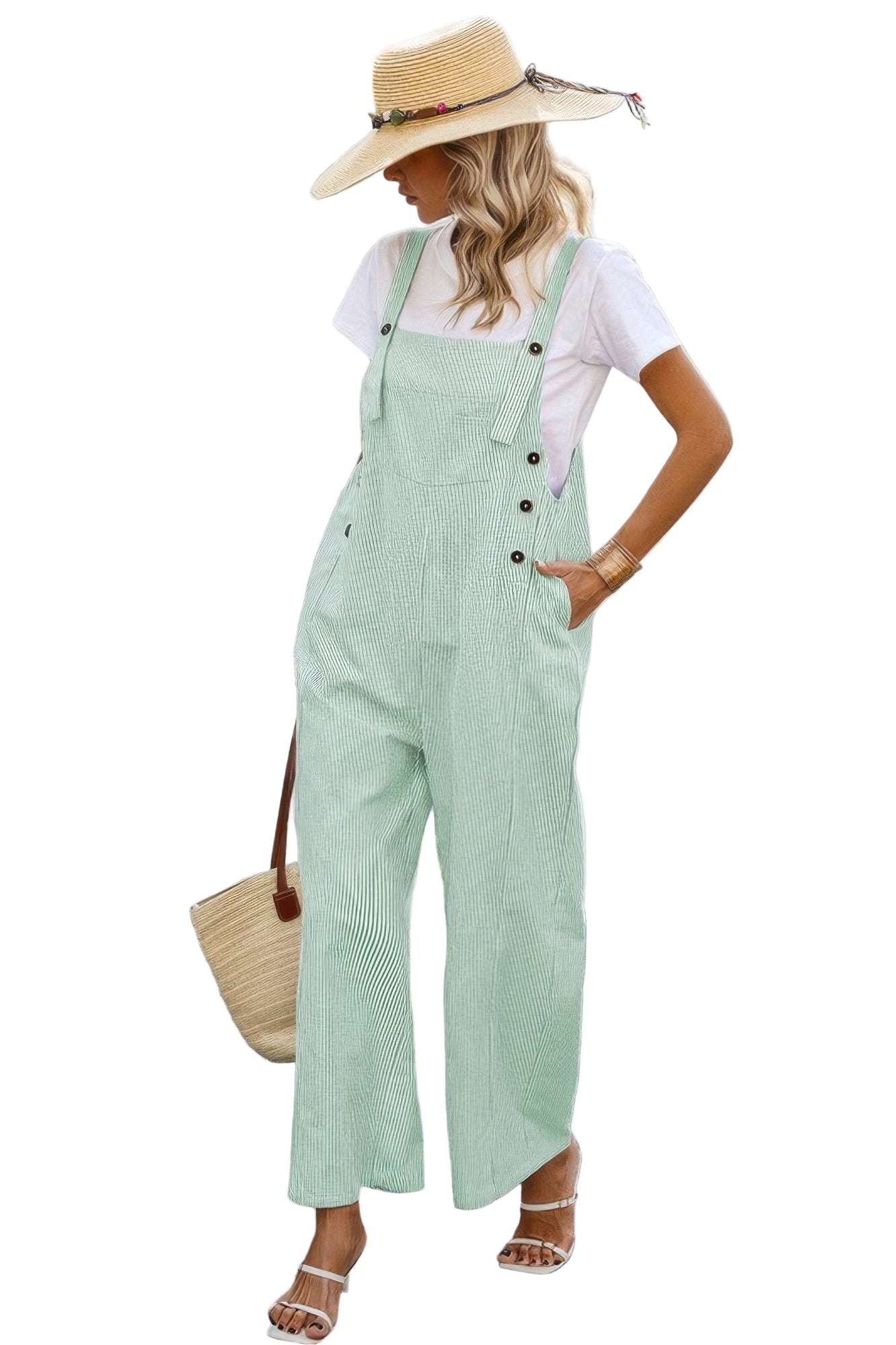 Light green button trim casual jumpsuit with a relaxed fit and pockets, paired with a straw hat