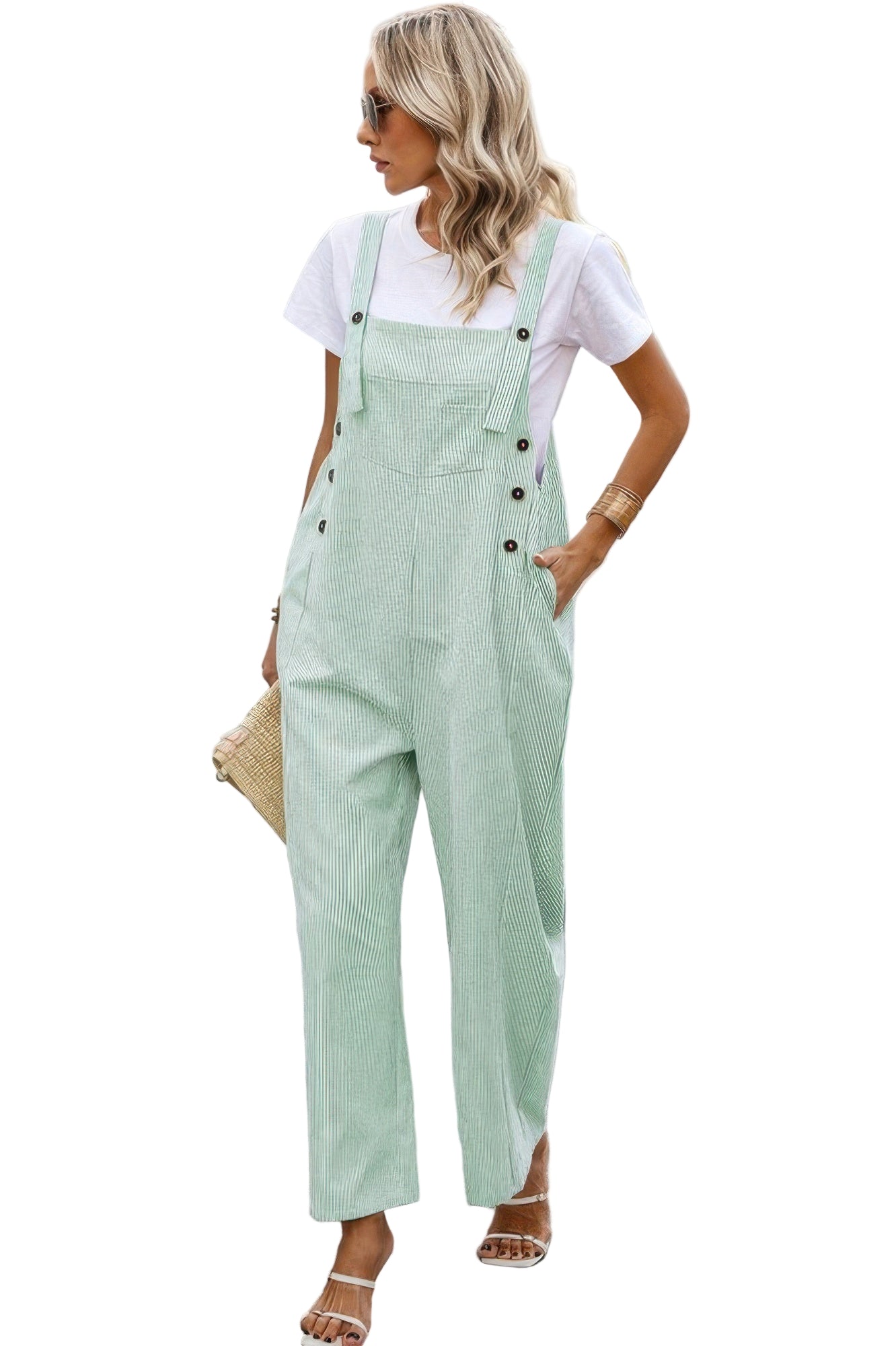 VacationGrabs button trim casual jumpsuit in mint with adjustable straps and side pockets
