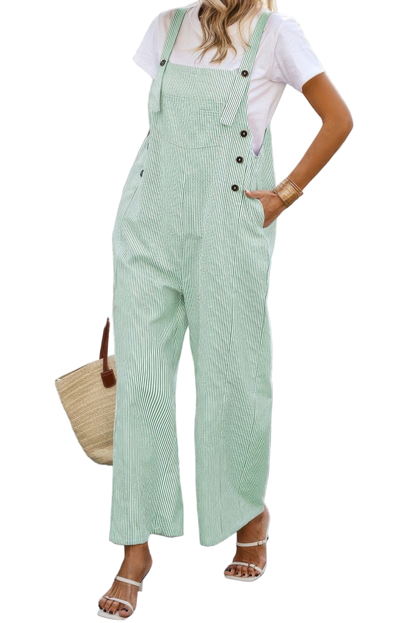 Light green button trim casual jumpsuit with wide legs and adjustable straps for a relaxed summer look