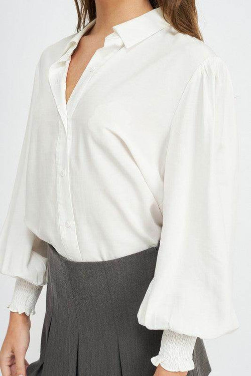 Button Up Collared Blouse With Smocking - VacationGrabs
