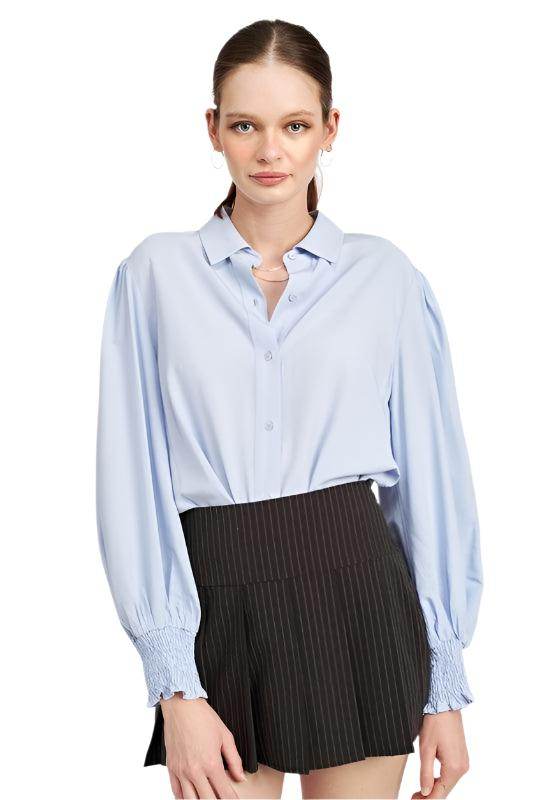 Button Up Collared Blouse With Smocking - VacationGrabs