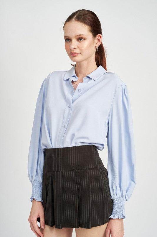 Button Up Collared Blouse With Smocking - VacationGrabs