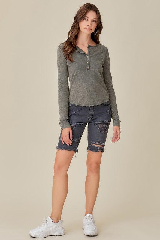 Women's Shirts Button-Up Front Raw Edge Detail Top