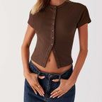 Brown button up shirt for women, ribbed fabric, casual wear