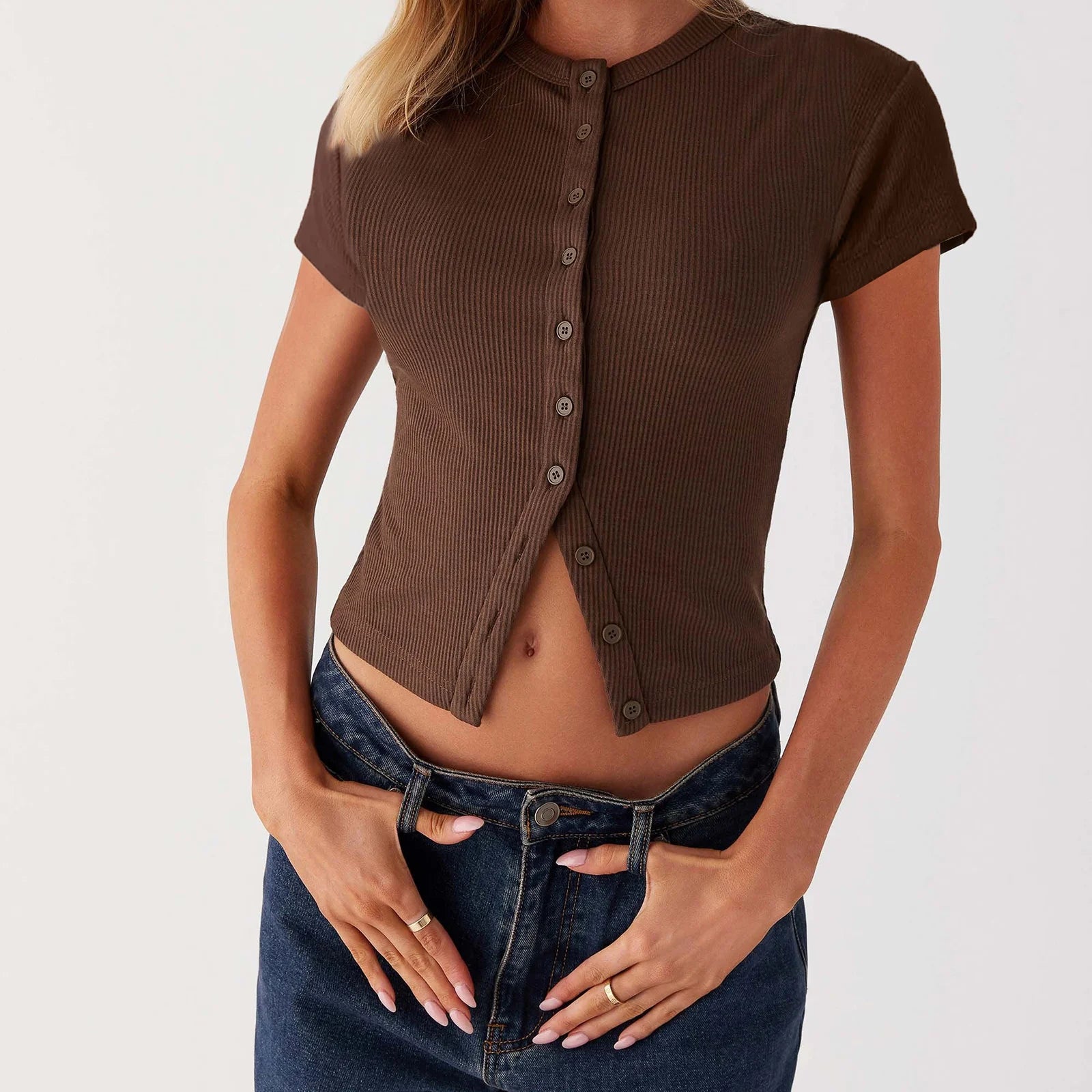 Brown button up shirt for women, ribbed fabric, casual wear