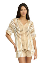 Women's Shirts Button Up Striped Crochet Top