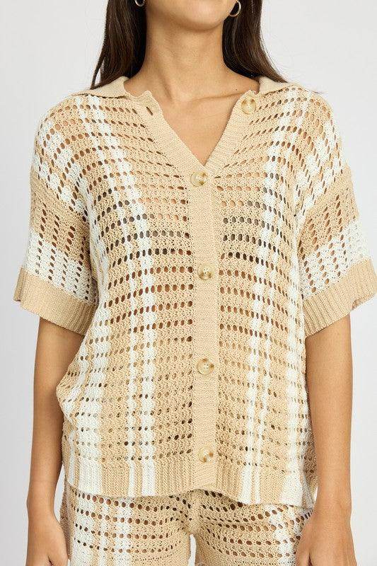 Button Up Striped Crochet Top - VacationGrabs