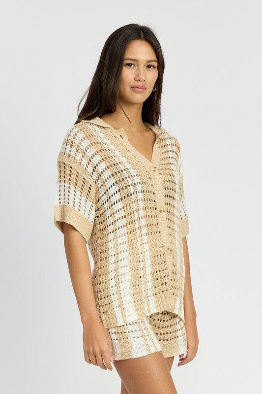 Button Up Striped Crochet Top - VacationGrabs