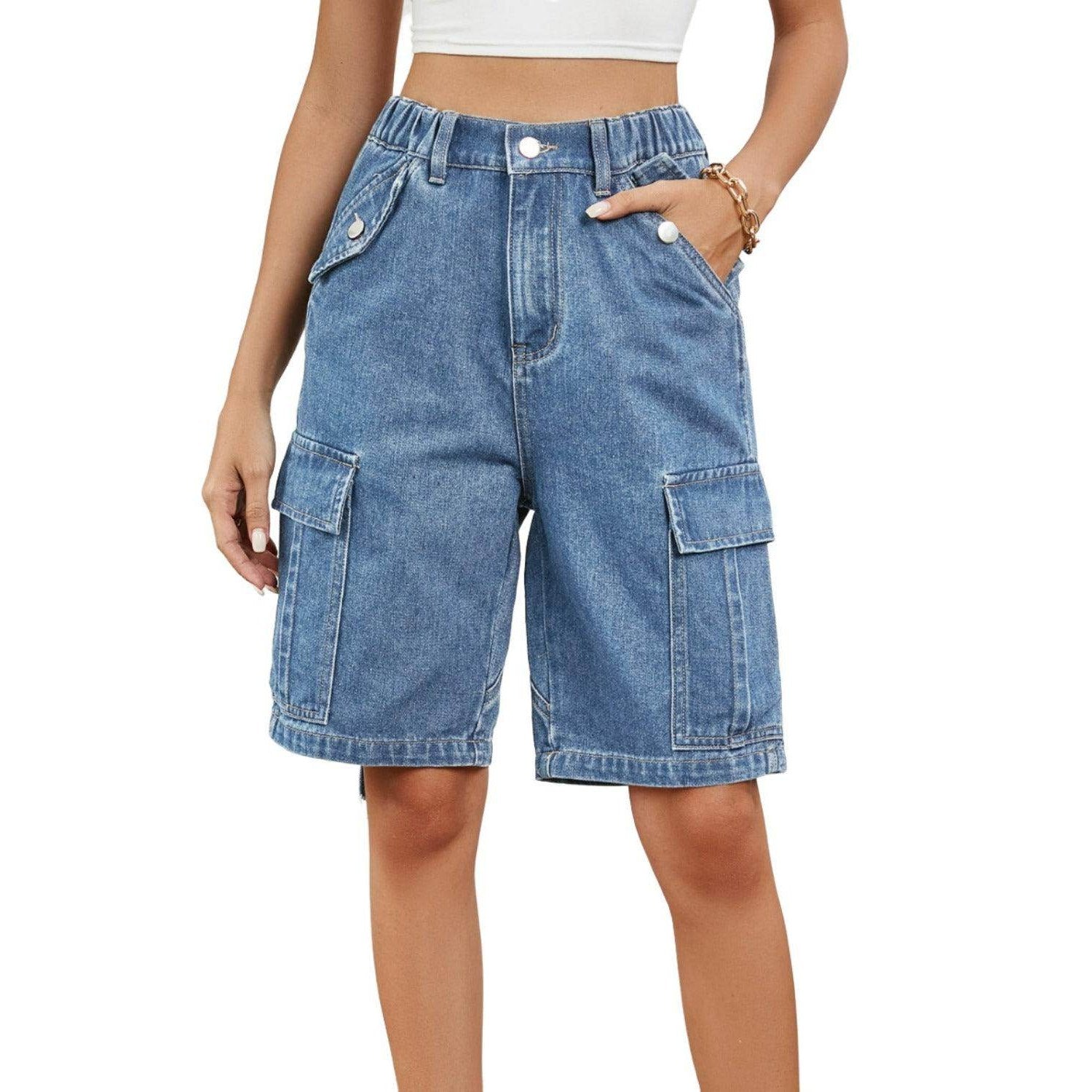 Buttoned Elastic Waist Denim Shorts with Pockets - VacationGrabs