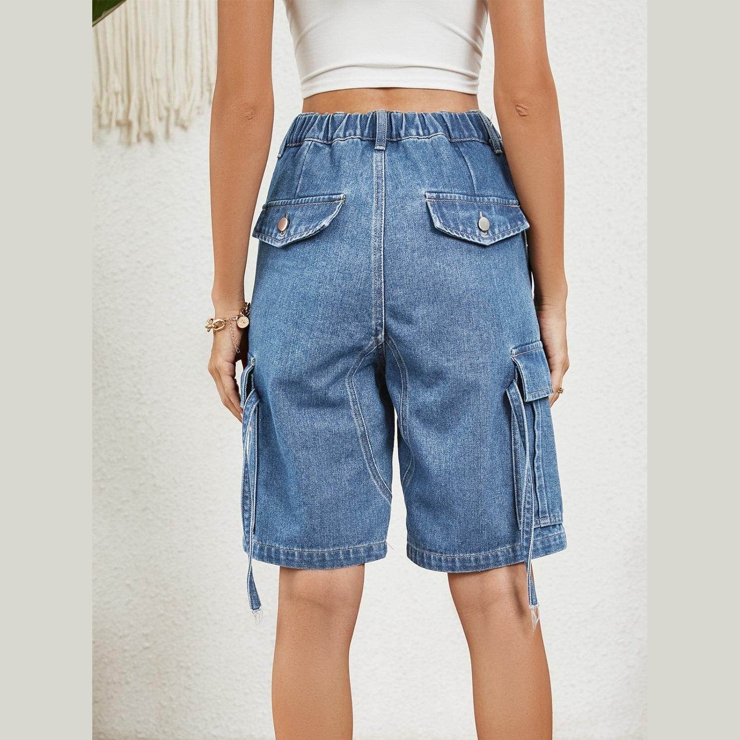 Buttoned Elastic Waist Denim Shorts with Pockets - VacationGrabs