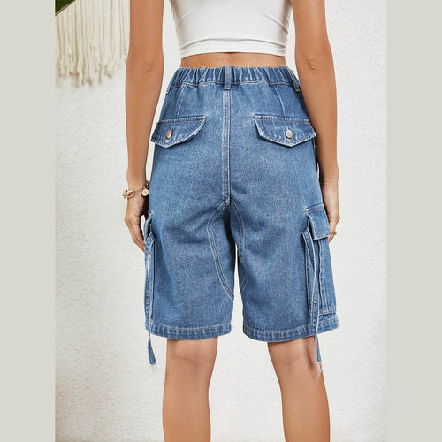 Buttoned Elastic Waist Denim Shorts with Pockets - VacationGrabs