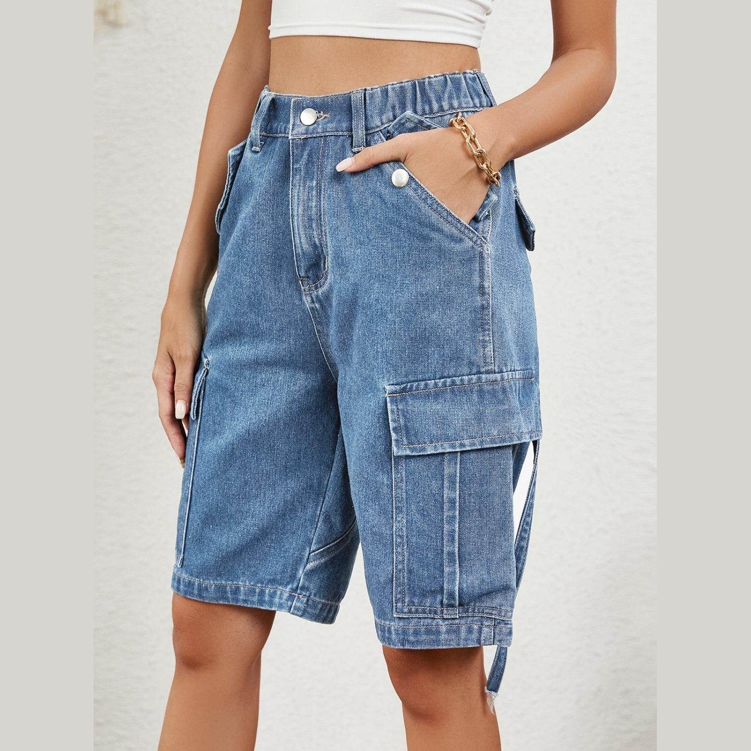 Buttoned Elastic Waist Denim Shorts with Pockets - VacationGrabs