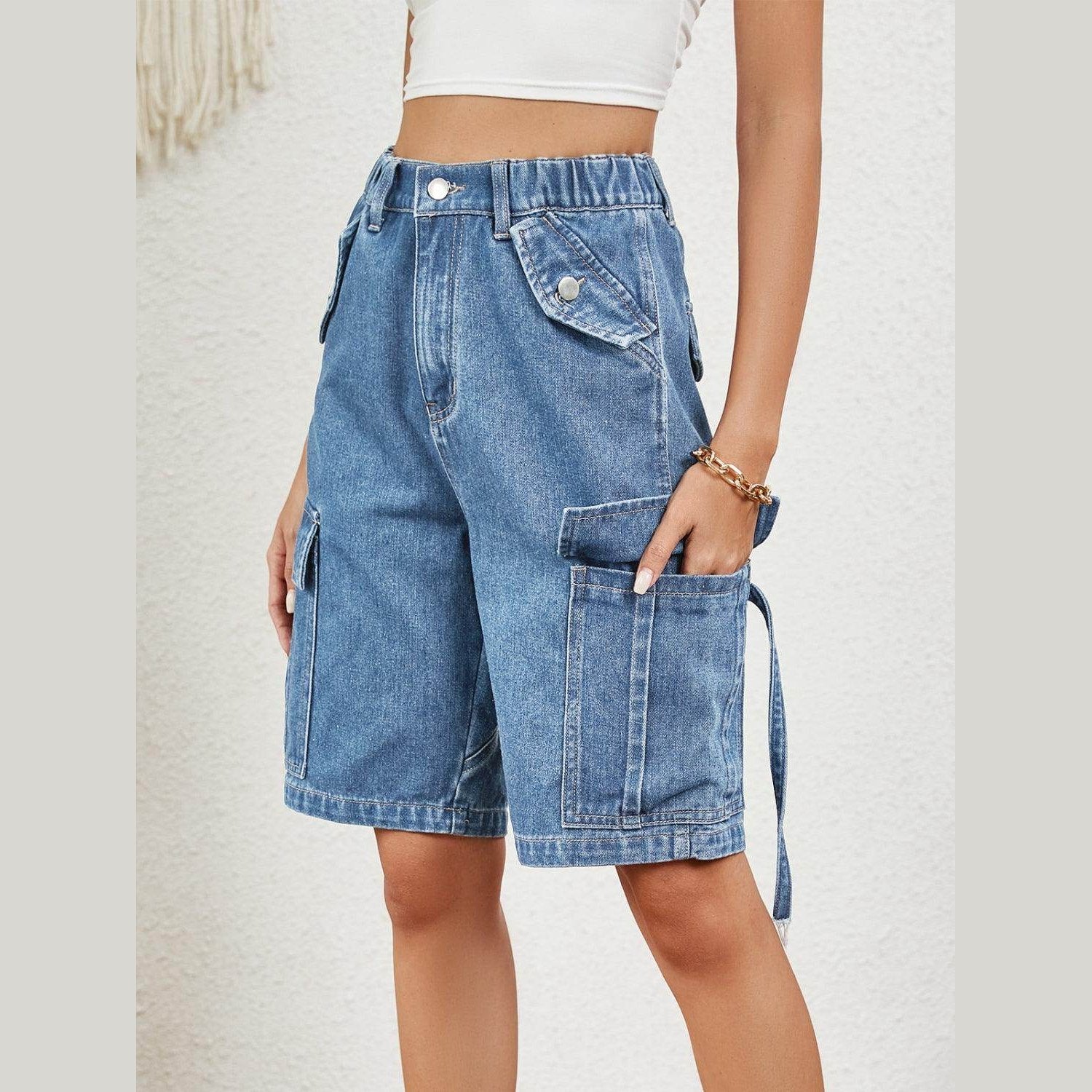 Buttoned Elastic Waist Denim Shorts with Pockets - VacationGrabs