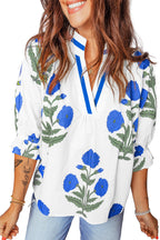 Flower Contrast V-Neck 3/4 Sleeve Blouse