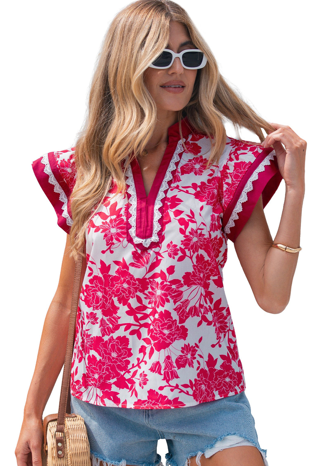 Floral Colorblock Lace V-Neck Flutter Sleeve Blouse