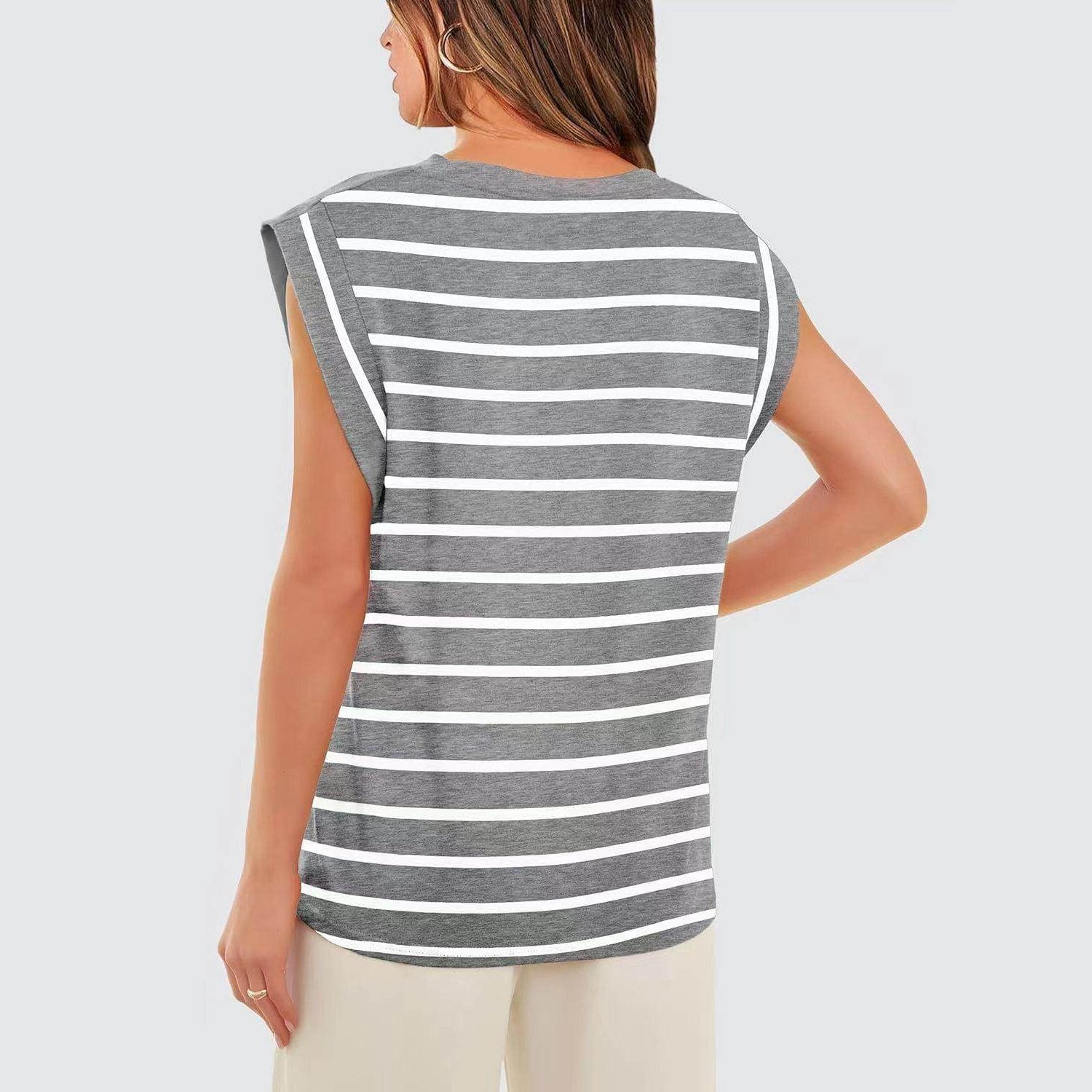 Striped Round Neck Cap Sleeve T-Shirt - VacationGrabs