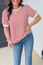 Stripe Contrast Trim Round Neck Puff Sleeve T-Shirt