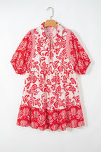 Flower V-Neck 3/4 Sleeve Collar Mini Dress