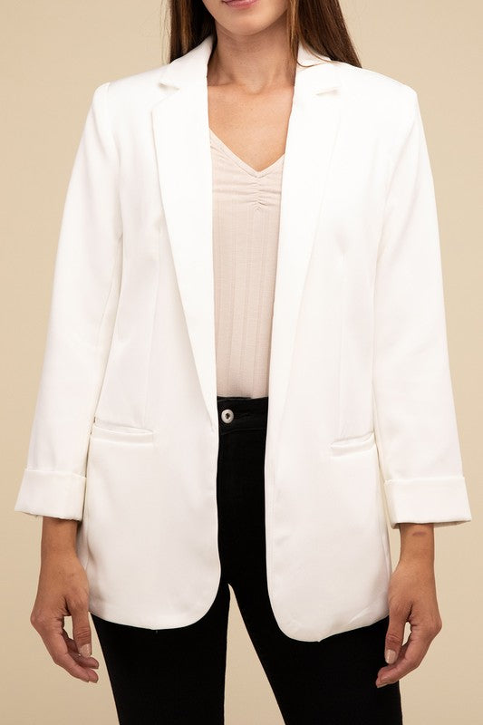 Women's BlazersWoven Long Sleeve Open Front Classic Blazer - VacationGrabs