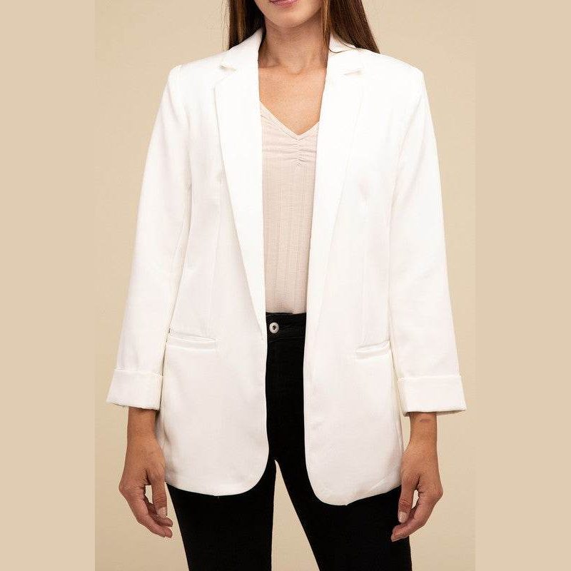 Woven Long Sleeve Open Front Classic Blazer - VacationGrabs