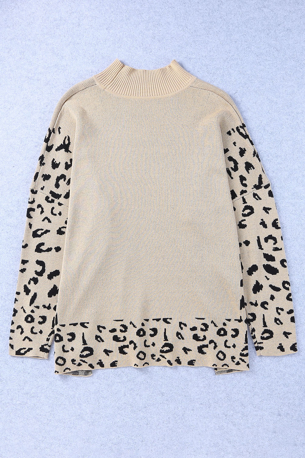 Women's SweatersKhaki Leopard High Neck Side Slit Oversized Sweater - VacationGrabs