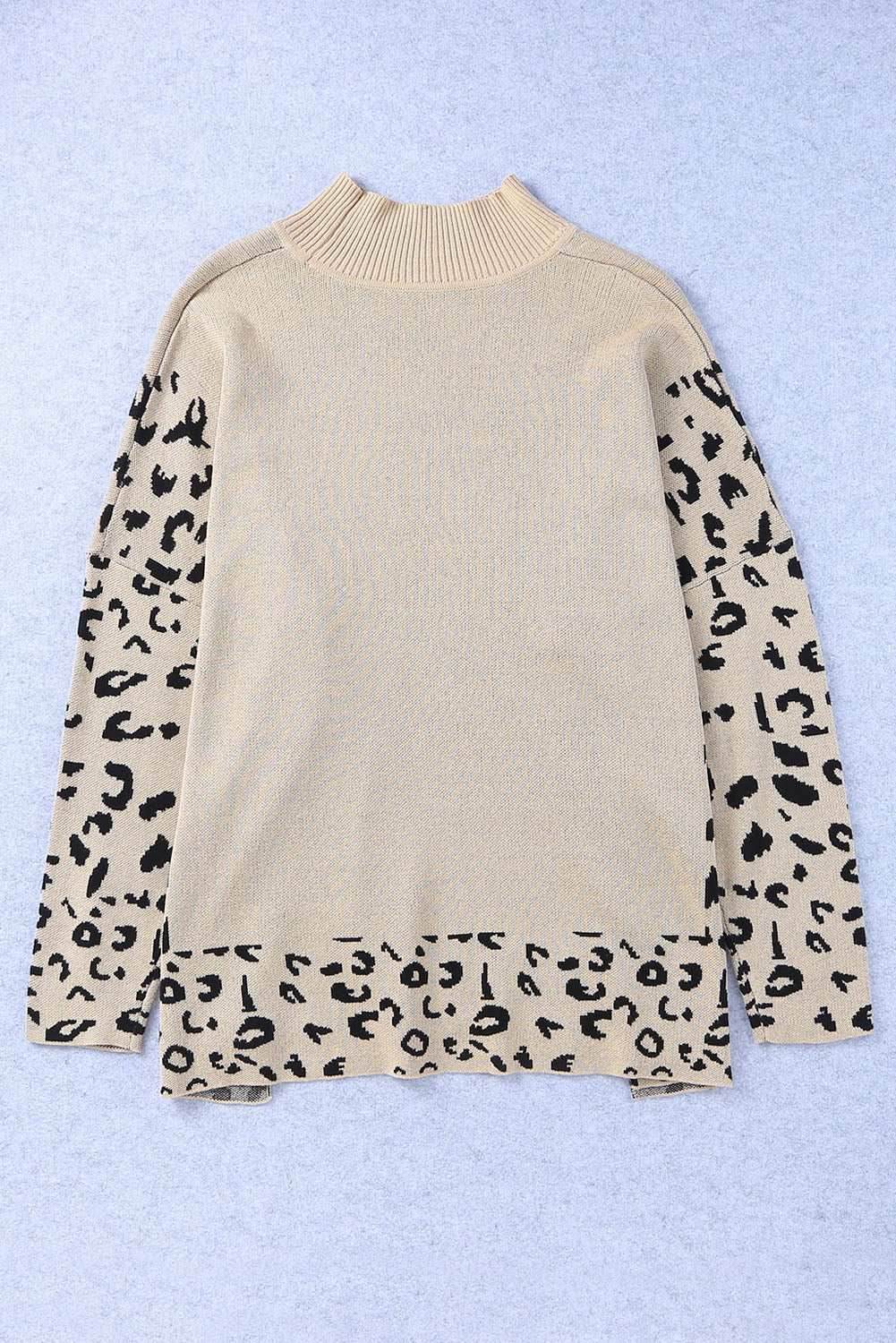 Khaki Leopard High Neck Side Slit Oversized Sweater - VacationGrabs