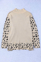 Khaki Leopard High Neck Side Slit Oversized Sweater - VacationGrabs