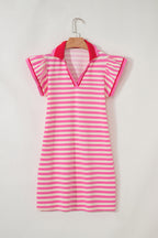 Stripe Flutter Sleeve Contrast Collar Mini Dress