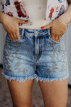 Western Embroidered Studded Denim Shorts