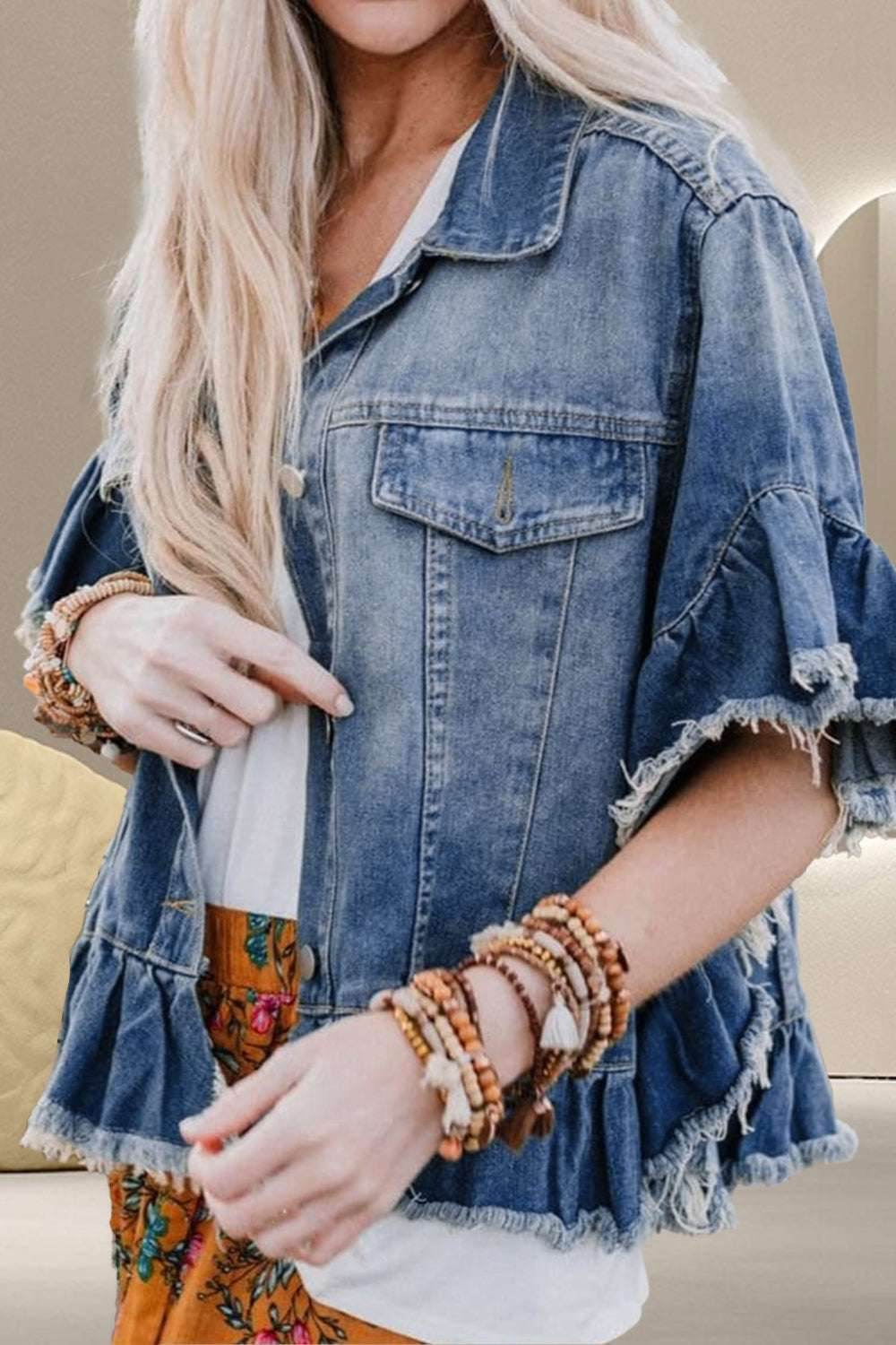 Ruffled Raw Hem Half Sleeve Denim Top - VacationGrabs