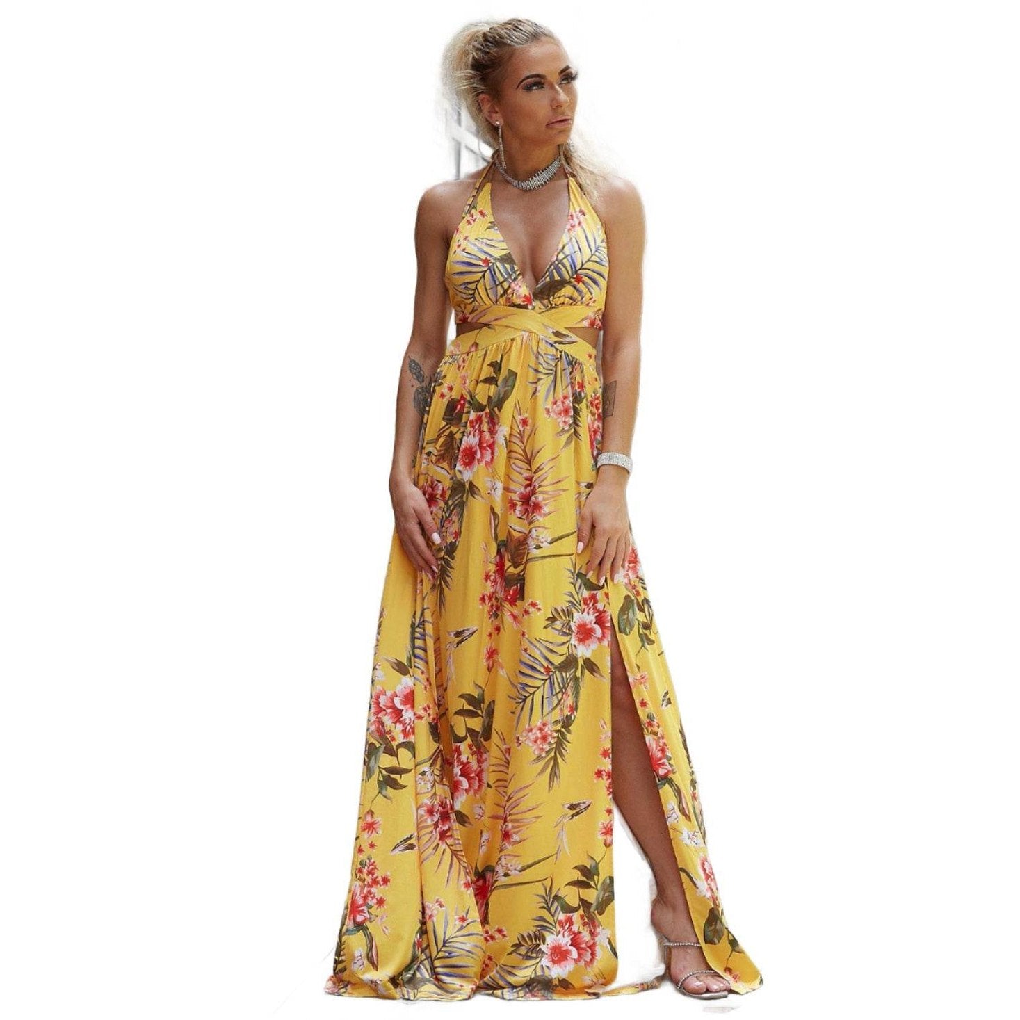 Halter Neck Split Dress - VacationGrabs