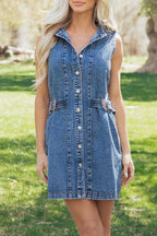 Western Denim Belted Button Down Sleeveless Dress