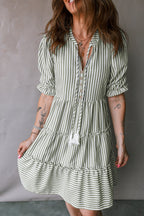 Stripe Tassel Tie-Neck Ruffle Tiered Dress