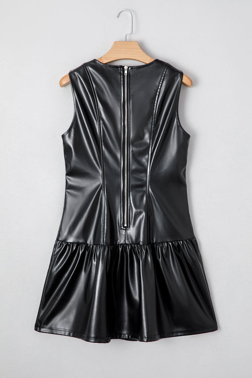 Faux Leather Ruffle Hem Sleeveless Mini Dress