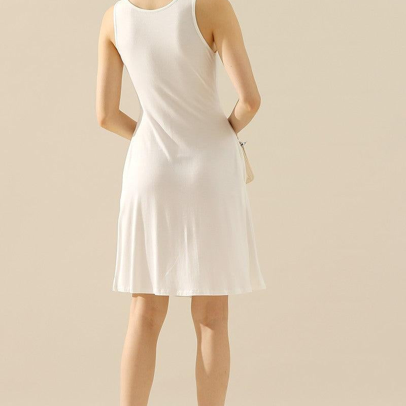 Women's Dresses Doublju Full Size Round Neck Ruched Sleeveless Dress with Pockets
