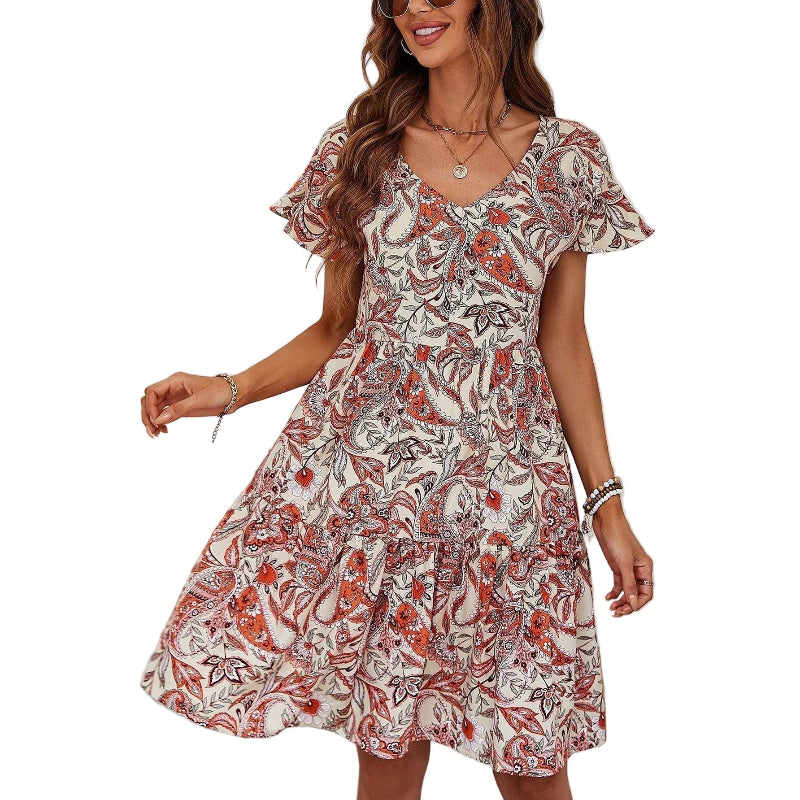 Printed V-Neck Tiered Dress - VacationGrabs