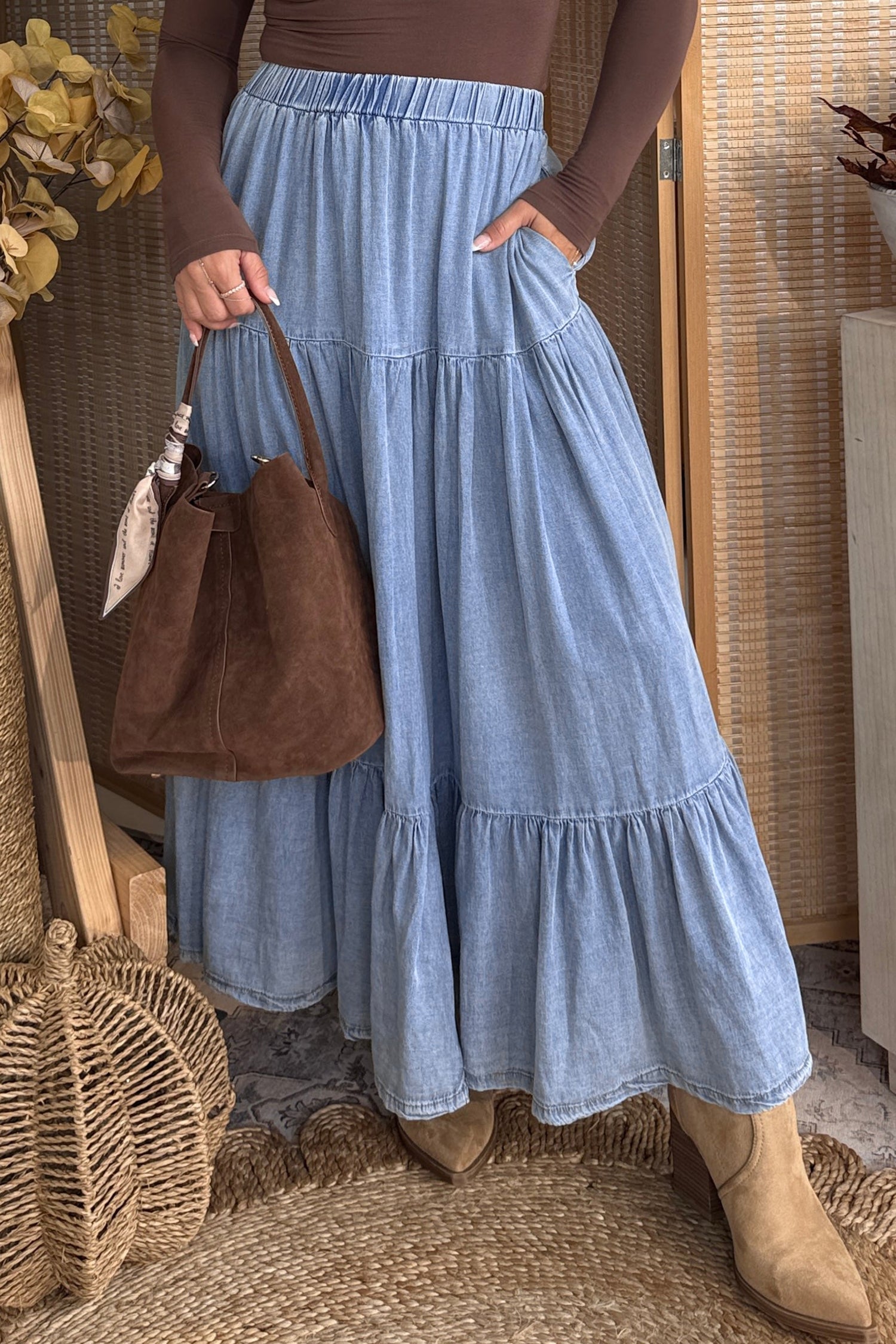 Denim Ruffle Tiered Flared Maxi Skirt