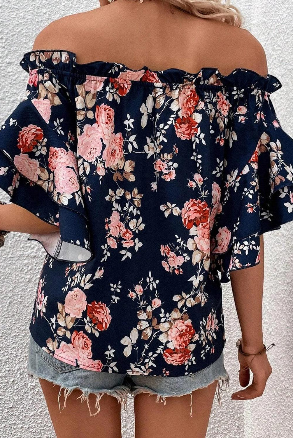 Women's Shirts Printed Off-Shoulder Flounce Sleeve Blouse